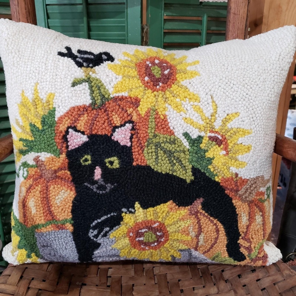 Mary Lake Thompson‎ Black Cat Sunflowers Pumpkins Wool Hooked Pillow 16x18" NEW